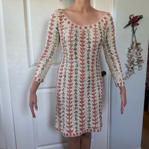 VINTAGE 50s 60s | Edith Morré | Palm Desert amazing ivory pink sequin dress M L - Picture 3 of 14